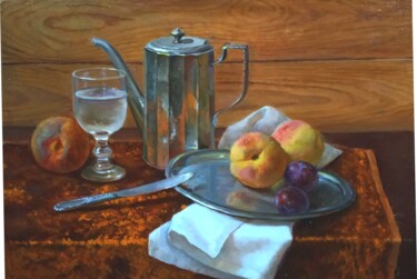 Картина под названием "Натюрморт с персика…" - Елена Николаева, Подлинное произведение искусства, Масло