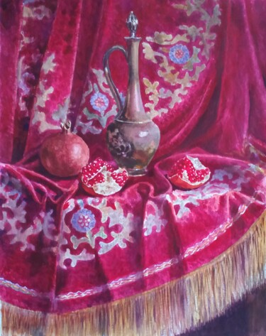 Painting titled "Натюрморт с граната…" by Elena Nikolaeva, Original Artwork, Watercolor