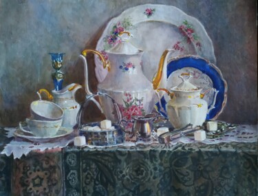 Painting titled "Натюрморт с посудой" by Elena Nikolaeva, Original Artwork, Watercolor