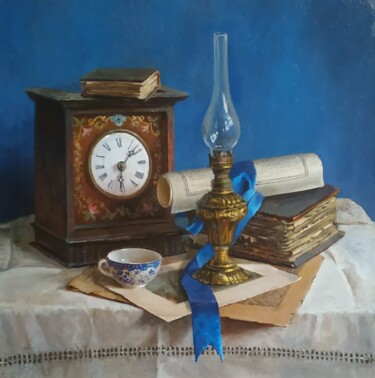 Картина под названием "Натюрморт с часами" - Елена Николаева, Подлинное произведение искусства, Масло