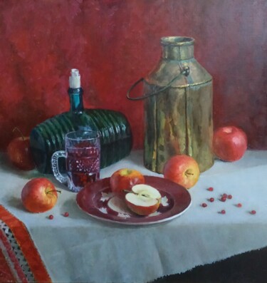 Картина под названием "Красные яблоки" - Елена Николаева, Подлинное произведение искусства, Масло