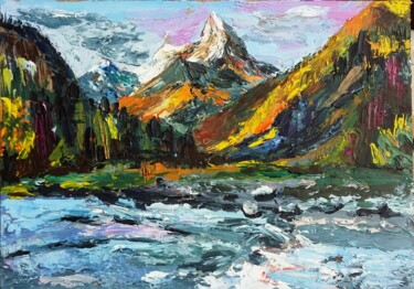 Painting titled "Mountain river" by Elena Otieva, Original Artwork, Oil