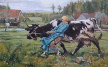 Pulling cow Malerei mit dem Titel "Pulling cow" von Елена Петрова, Original-Kunstwerk, Öl Auf Gestell montiert