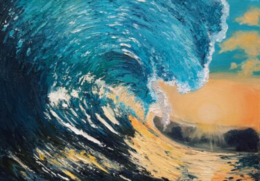 Картина под названием "Wave at sunset №10" - Elena Petrova, Подлинное произведение искусства, Масло