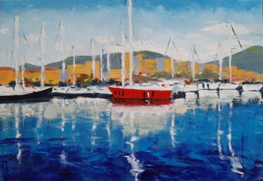 Painting titled "Red Sailing Yacht" by Elena Petrova, Original Artwork, Oil