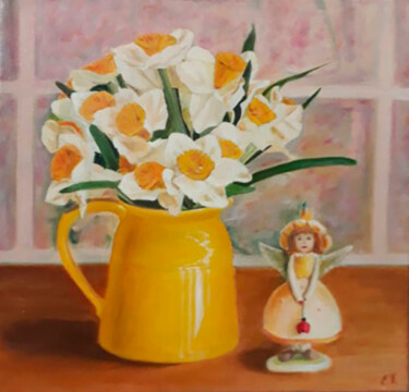 Painting titled "Still life with daf…" by Elena Petrova, Original Artwork, Oil