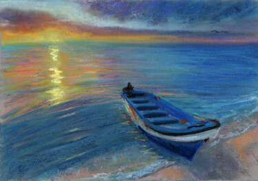 Drawing titled "Boat. Sea at sunset…" by Elena Petrova, Original Artwork, Pastel
