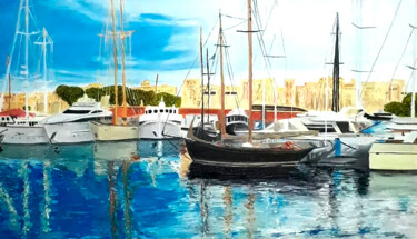 Schilderij getiteld "Sea Port" door Elena Petrova, Origineel Kunstwerk, Olie