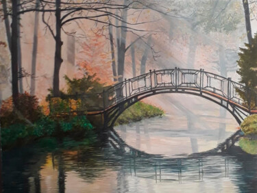Pintura intitulada "Bridge in the woods" por Elena Petrova, Obras de arte originais, Óleo