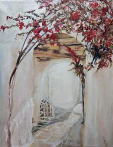 Painting titled "A secret place" by Elena Petrova, Original Artwork, Oil Mounted on Wood Stretcher frame