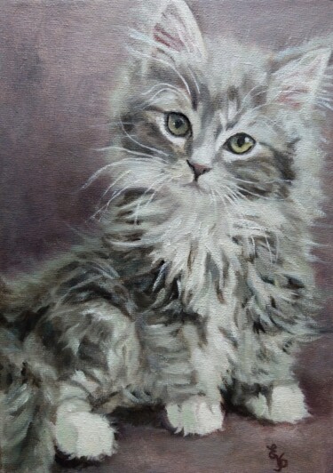 Pintura intitulada "Tabby kitten" por Elena Petrova, Obras de arte originais, Óleo Montado em Armação em madeira