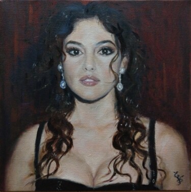 Painting titled "Monica Bellucci" by Elena Petrova, Original Artwork, Oil Mounted on Wood Stretcher frame
