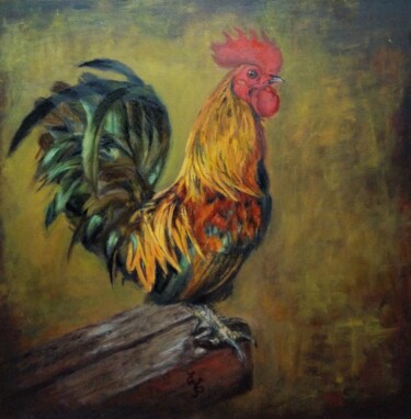Painting titled "Golden fowl" by Elena Petrova, Original Artwork, Oil Mounted on Wood Stretcher frame