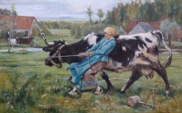 Painting titled "Pulling cow" by Elena Petrova, Original Artwork, Oil Mounted on Wood Stretcher frame