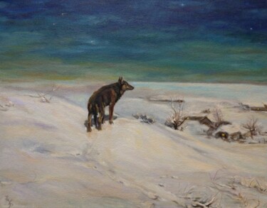 Painting titled "Wolf" by Elena Petrova, Original Artwork, Oil Mounted on Wood Stretcher frame