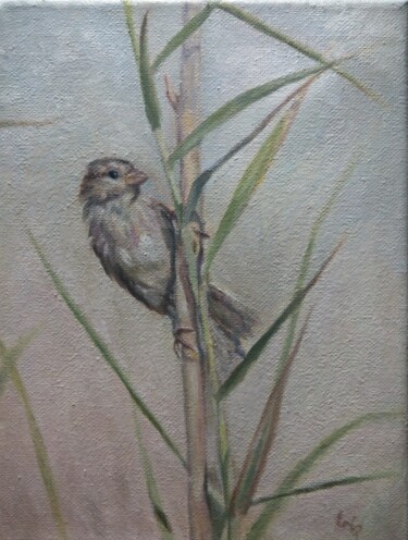 Painting titled "Sparrow holding on" by Elena Petrova, Original Artwork, Oil Mounted on Wood Stretcher frame