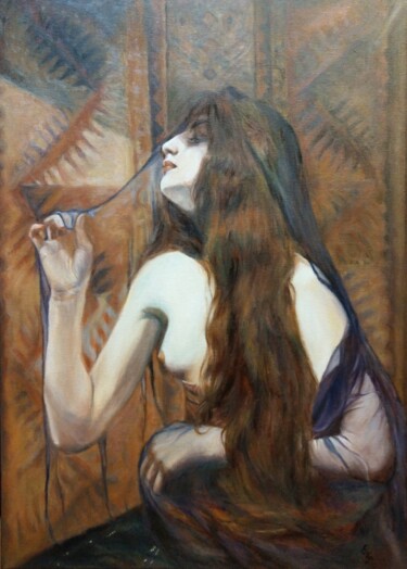 Schilderij getiteld "Mademoiselle" door Elena Petrova, Origineel Kunstwerk, Olie Gemonteerd op Frame voor houten brancard