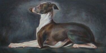 Painting titled "Whippet" by Elena Petrova, Original Artwork, Oil Mounted on Wood Stretcher frame