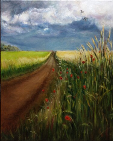 Painting titled "Field before the ra…" by Elena Petrova, Original Artwork, Oil Mounted on Wood Stretcher frame