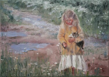 Painting titled "Whiteflower meadow" by Elena Petrova, Original Artwork, Oil