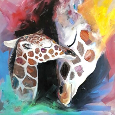Painting titled "Giraffes" by Elena Petunina, Original Artwork, Oil Mounted on Wood Stretcher frame