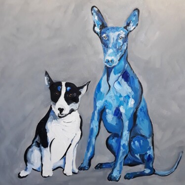Painting titled "Dogs" by Elena Petunina, Original Artwork, Oil Mounted on Wood Stretcher frame
