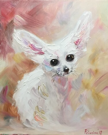 Painting titled "Little fox" by Elena Petunina, Original Artwork, Oil Mounted on Wood Stretcher frame