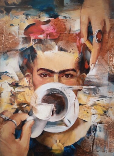 Картина под названием "Эспрессо с Фридой К…" - Elena Pichugina, Подлинное произведение искусства, Масло