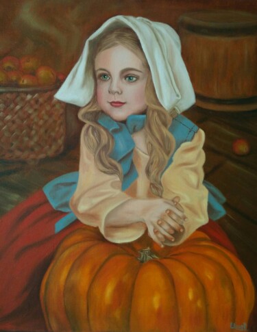 Painting titled ""Girl with a Pumpki…" by Elena Pimenova, Original Artwork, Oil