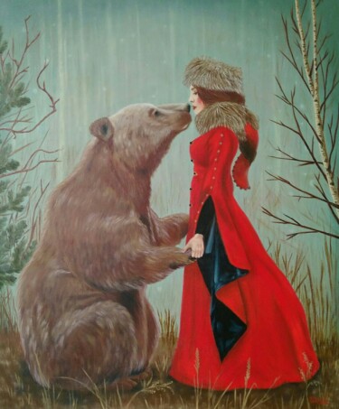 Картина под названием "Bear and girl in re…" - Елена Пименова, Подлинное произведение искусства, Масло