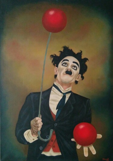 Painting titled "Charlie Chaplin" by Elena Pimenova, Original Artwork, Oil