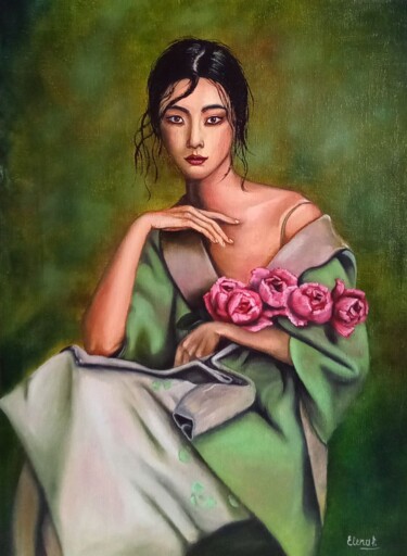 Картина под названием "Girl with roses" - Елена Пименова, Подлинное произведение искусства, Масло