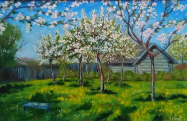 Painting titled "apple trees bloom" by Elena Pimenova, Original Artwork, Oil