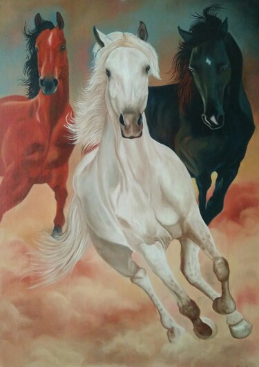 Painting titled "a trio of horses" by Elena Pimenova, Original Artwork, Oil