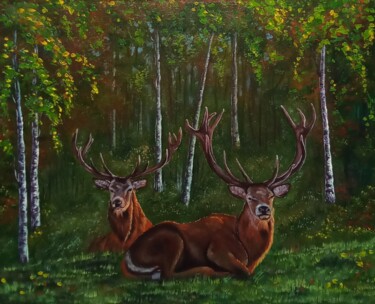 Painting titled "Two deer in the for…" by Elena Pimenova, Original Artwork, Oil