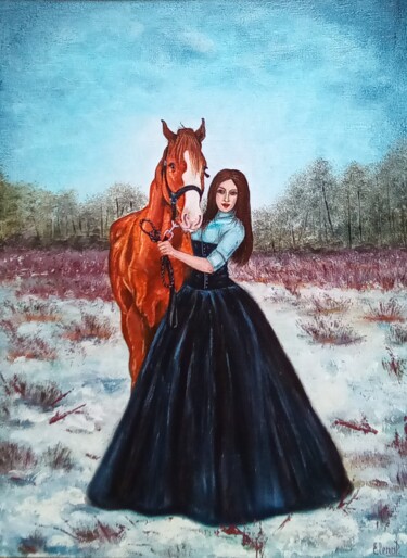 Картина под названием "Женщина с рыжей лош…" - Елена Пименова, Подлинное произведение искусства, Масло