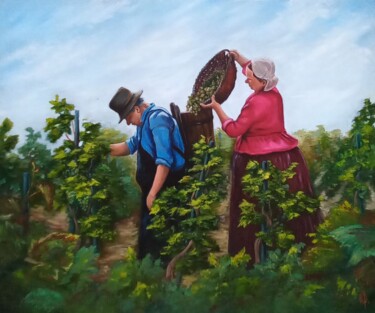 Painting titled "Grape harvesting." by Elena Pimenova, Original Artwork, Oil