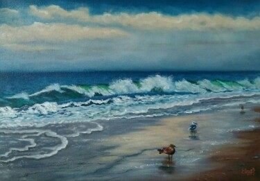 Peinture intitulée "Evening at sea." par Elena Pimenova, Œuvre d'art originale, Huile
