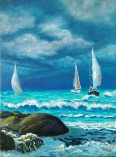 Peinture intitulée "Yachts on the sea." par Elena Pimenova, Œuvre d'art originale, Huile