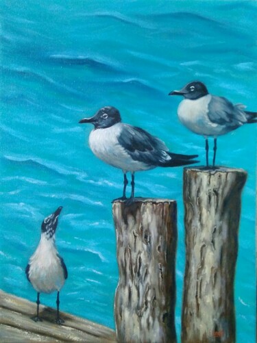 Pintura titulada "Seagulls on the med…" por Elena Pimenova, Obra de arte original, Oleo