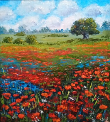 Malerei mit dem Titel "Poppy field." von Elena Pimenova, Original-Kunstwerk, Öl
