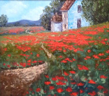Painting titled "Houses on the poppy…" by Elena Pimenova, Original Artwork, Oil