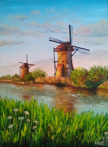 Malerei mit dem Titel "Mill by the river." von Elena Pimenova, Original-Kunstwerk, Öl
