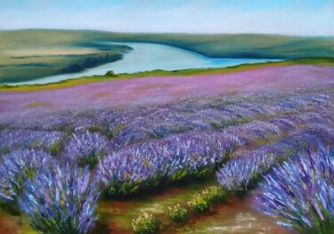 Malerei mit dem Titel "Lavender landscape." von Elena Pimenova, Original-Kunstwerk, Öl