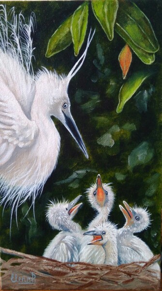 Peinture intitulée "Egret's nest." par Елена Пименова, Œuvre d'art originale, Huile