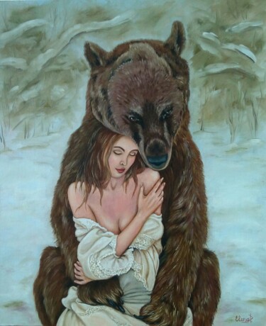 Painting titled "Girl with a bear in…" by Elena Pimenova, Original Artwork, Oil