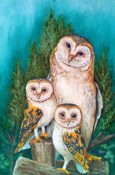 Pintura titulada "Barn owl nest." por Elena Pimenova, Obra de arte original, Oleo