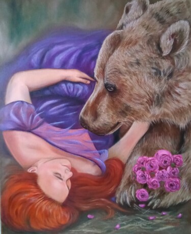 Pintura intitulada "Girl and bear. Date." por Elena Pimenova, Obras de arte originais, Óleo