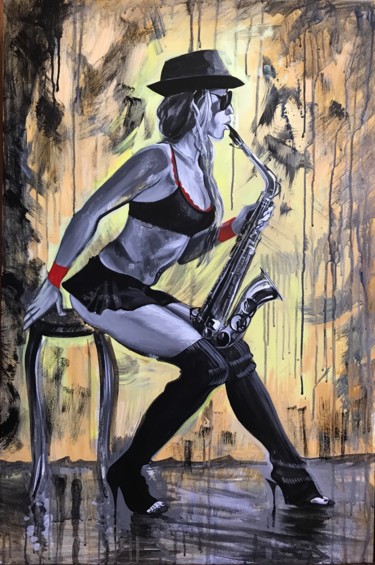 Painting titled "Woman with saxophone" by Elena Podmarkowa, Original Artwork, Acrylic