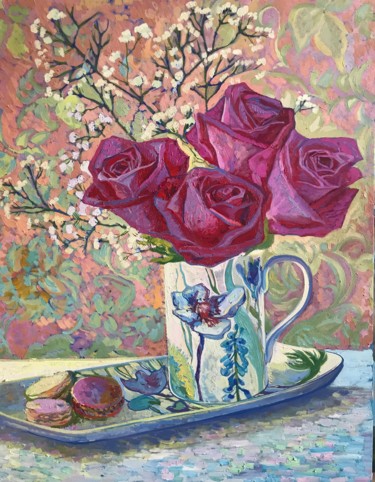 Painting titled "Still life with ros…" by Elena Podmarkowa, Original Artwork, Oil